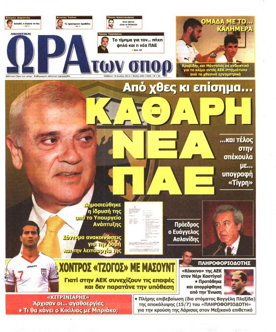 Πρωτοσέλιδο εφημερίδας Η ώρα των Σπορ