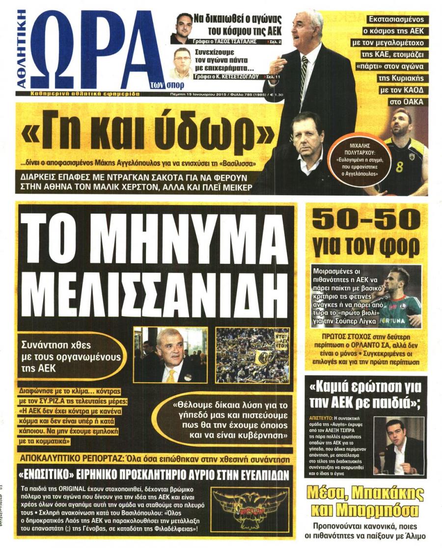 Πρωτοσέλιδο εφημερίδας Η ώρα των Σπορ