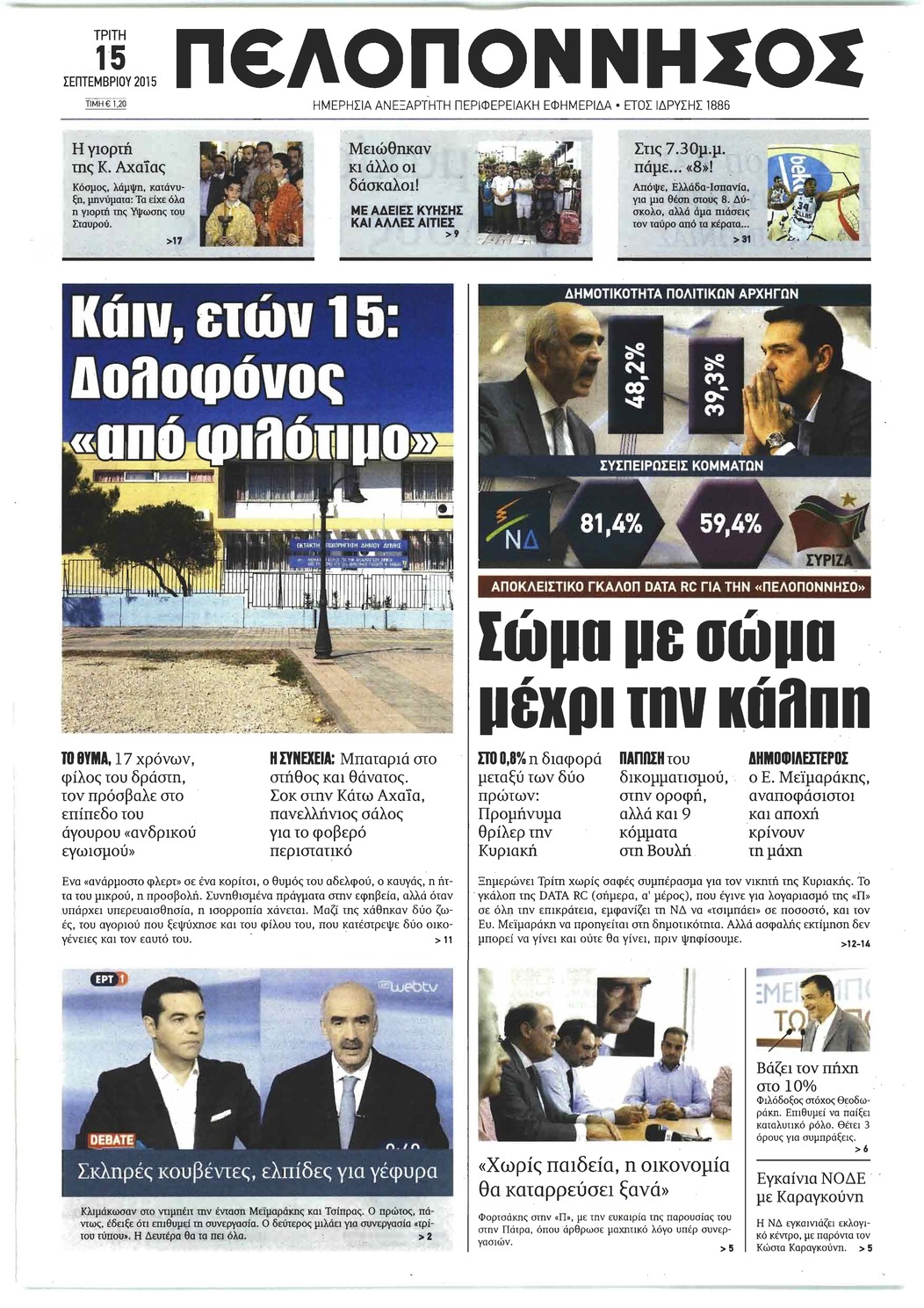 Πρωτοσέλιδο εφημερίδας Πελοπόννησος