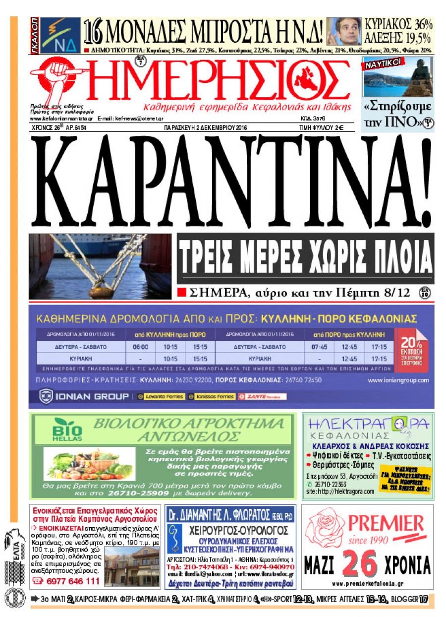 Πρωτοσέλιδο εφημερίδας Ημερήσιος