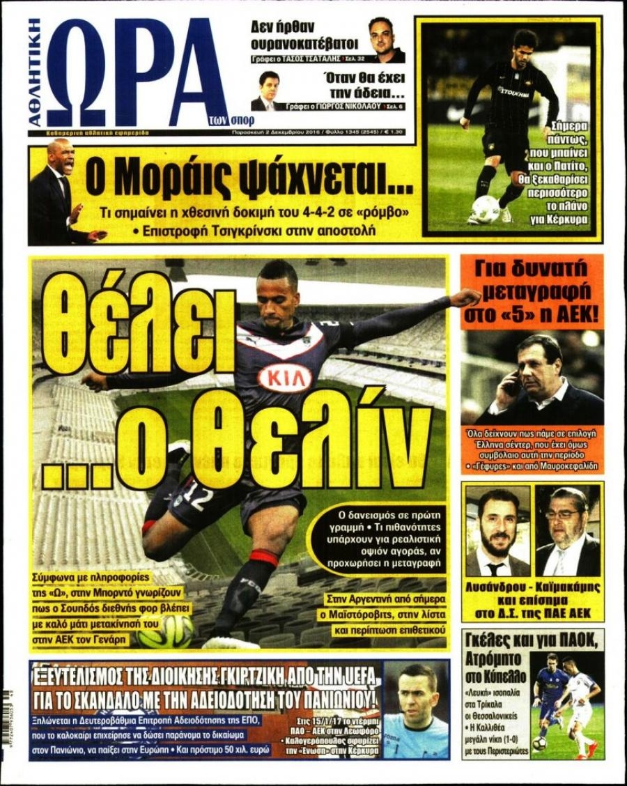 Πρωτοσέλιδο εφημερίδας Η ώρα των Σπορ