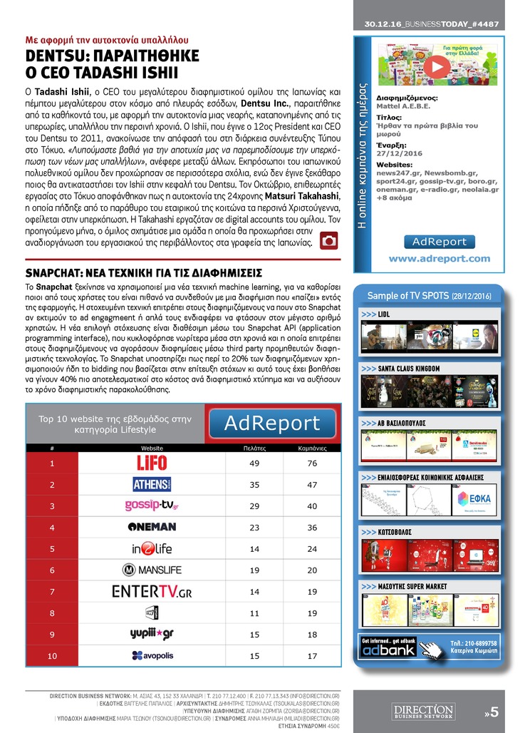 Οπισθόφυλλο εφημερίδας Business Today