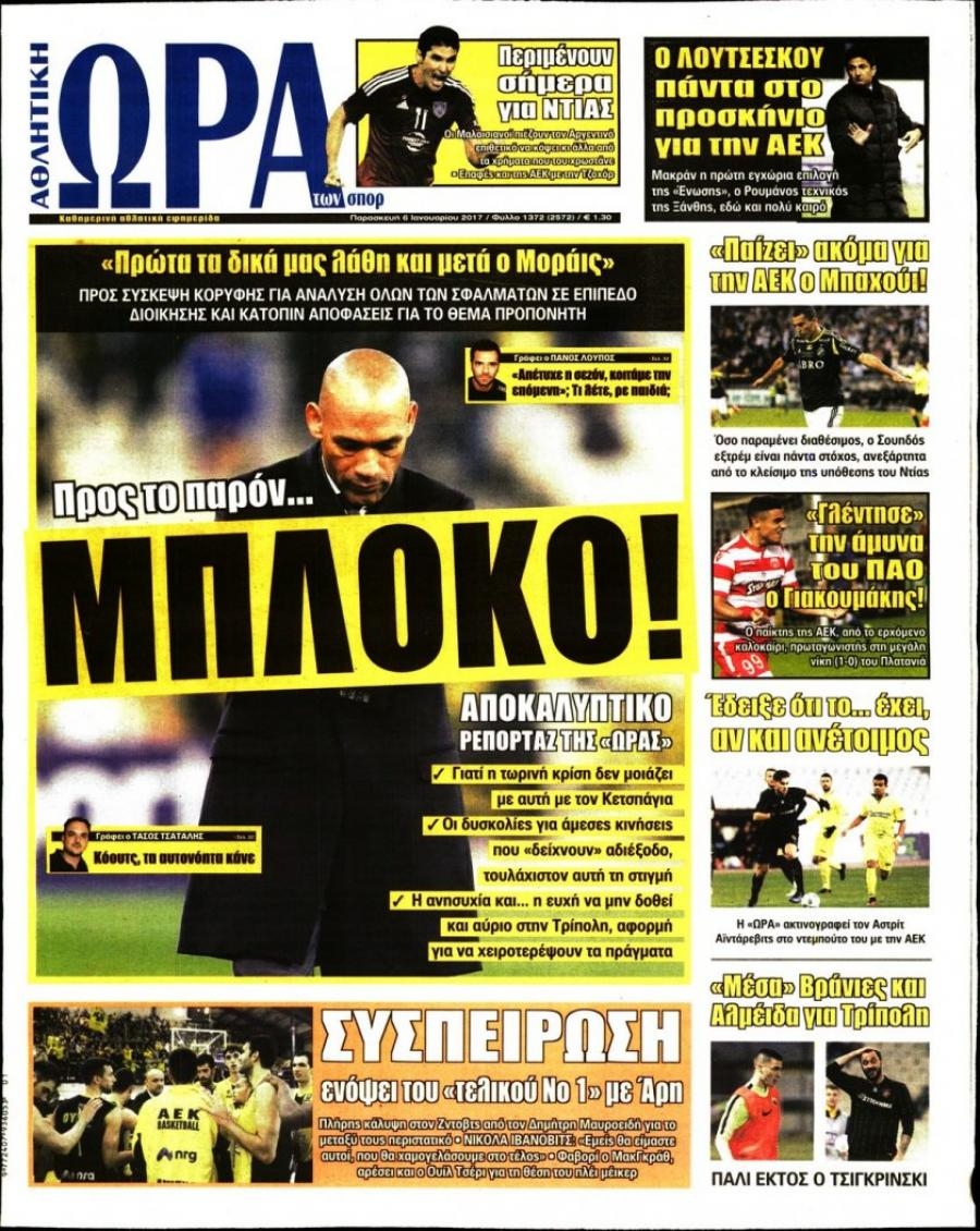Πρωτοσέλιδο εφημερίδας Η ώρα των Σπορ