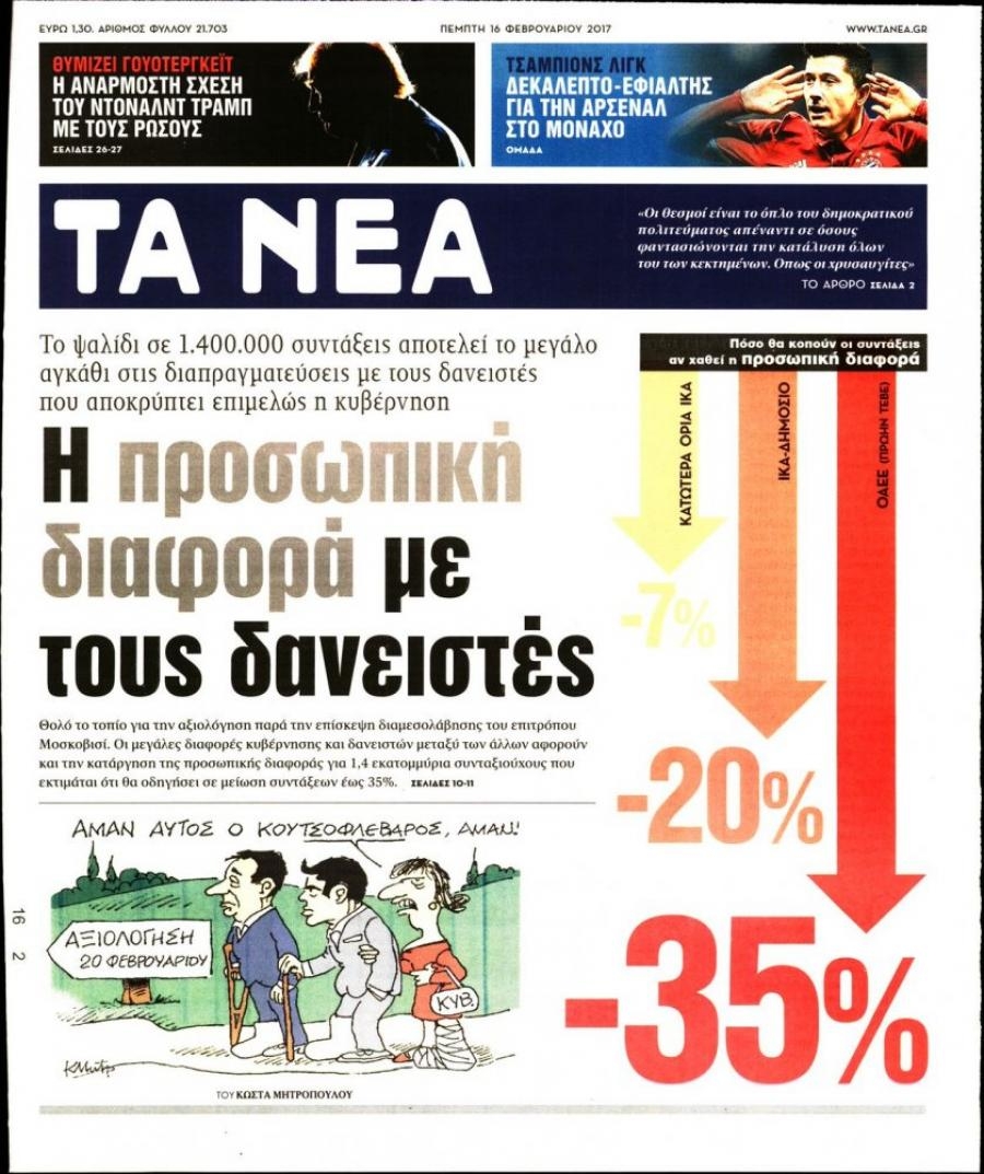 Πρωτοσέλιδο εφημερίδας Τα Νέα