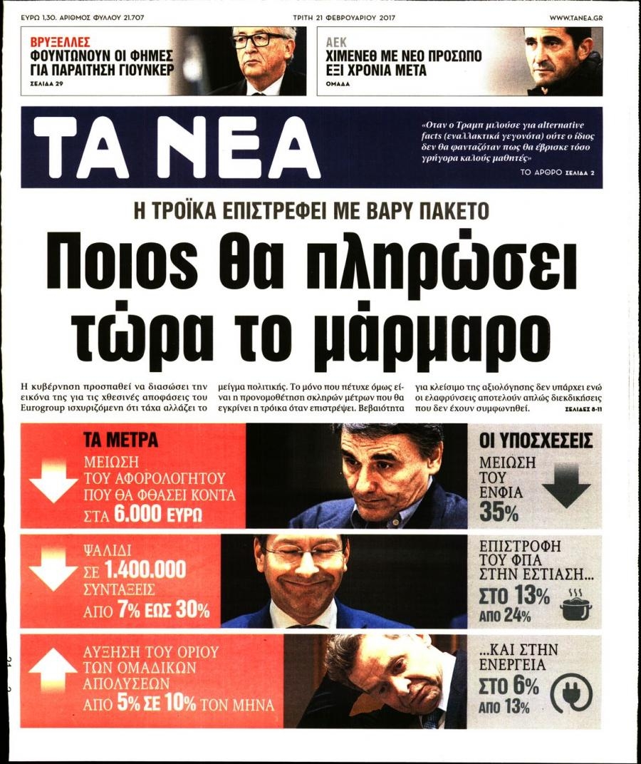 Πρωτοσέλιδο εφημερίδας Τα Νέα