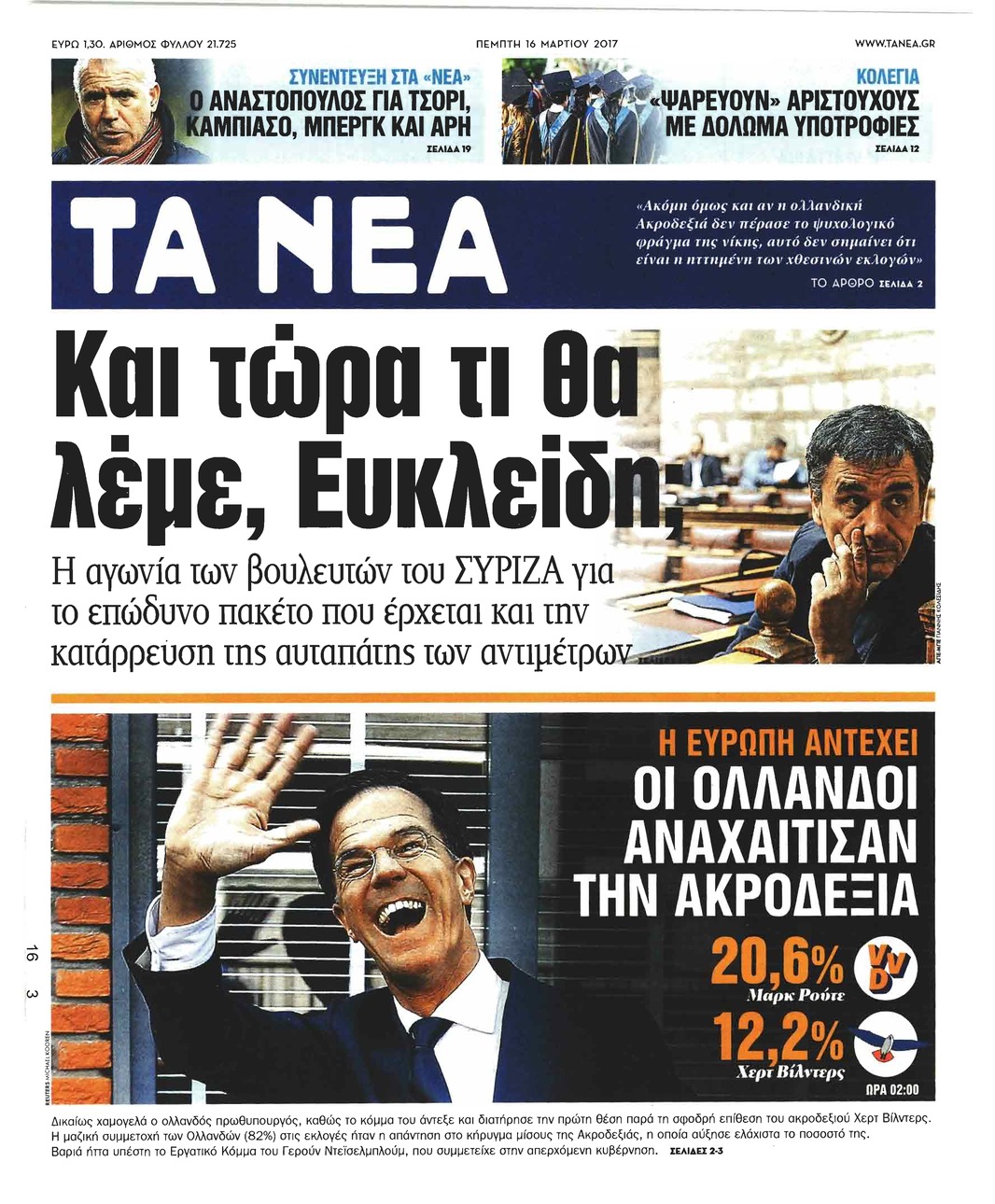 Πρωτοσέλιδο εφημερίδας Τα Νέα