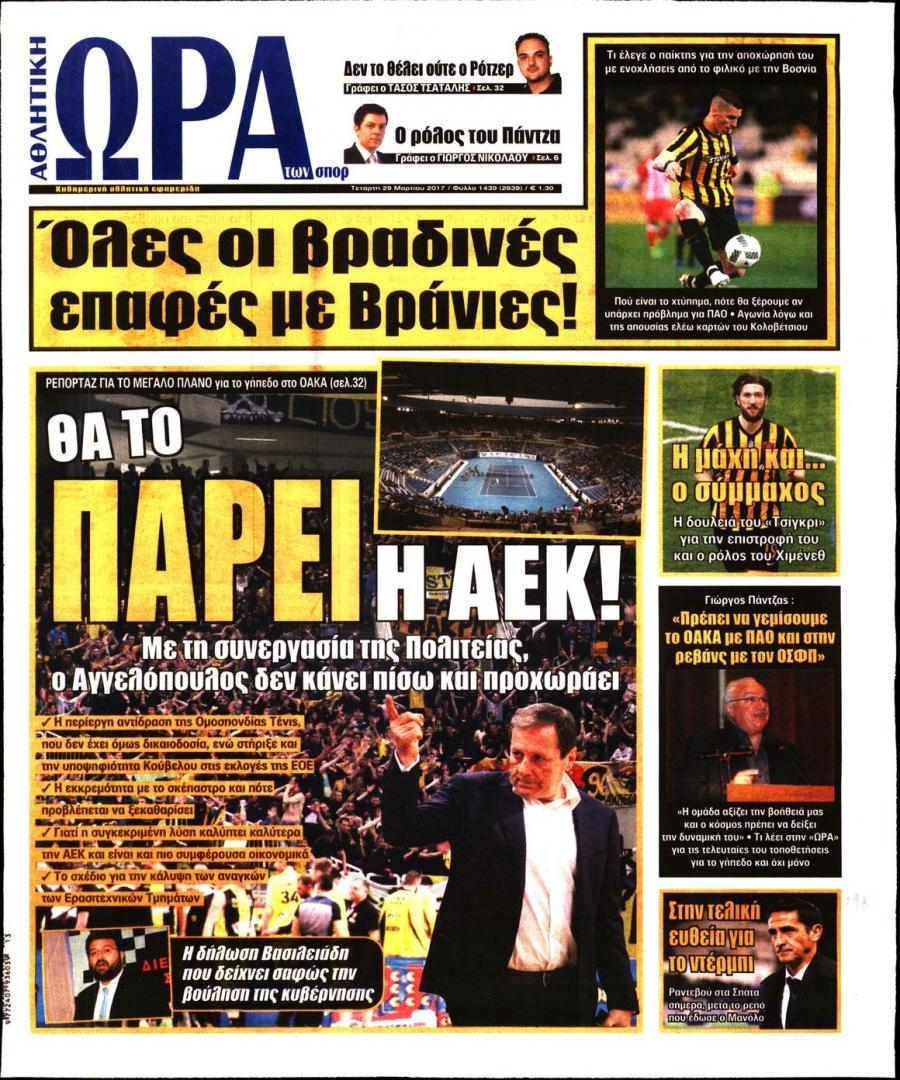 Πρωτοσέλιδο εφημερίδας Η ώρα των Σπορ