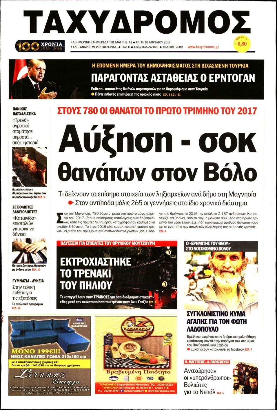 Πρωτοσέλιδο εφημερίδας Ταχυδρόμος