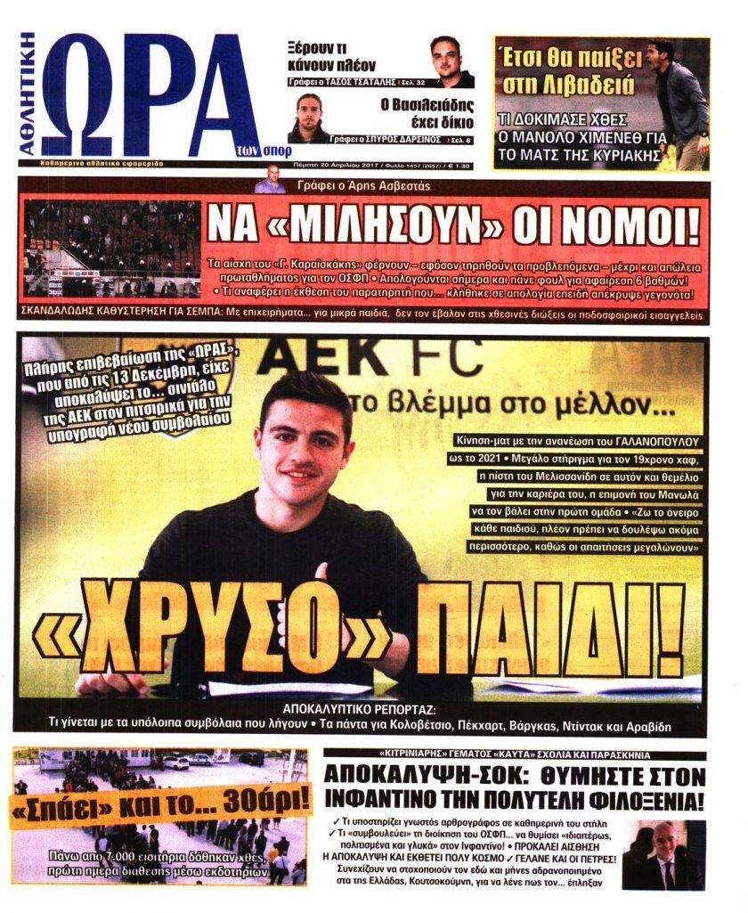 Πρωτοσέλιδο εφημερίδας Η ώρα των Σπορ