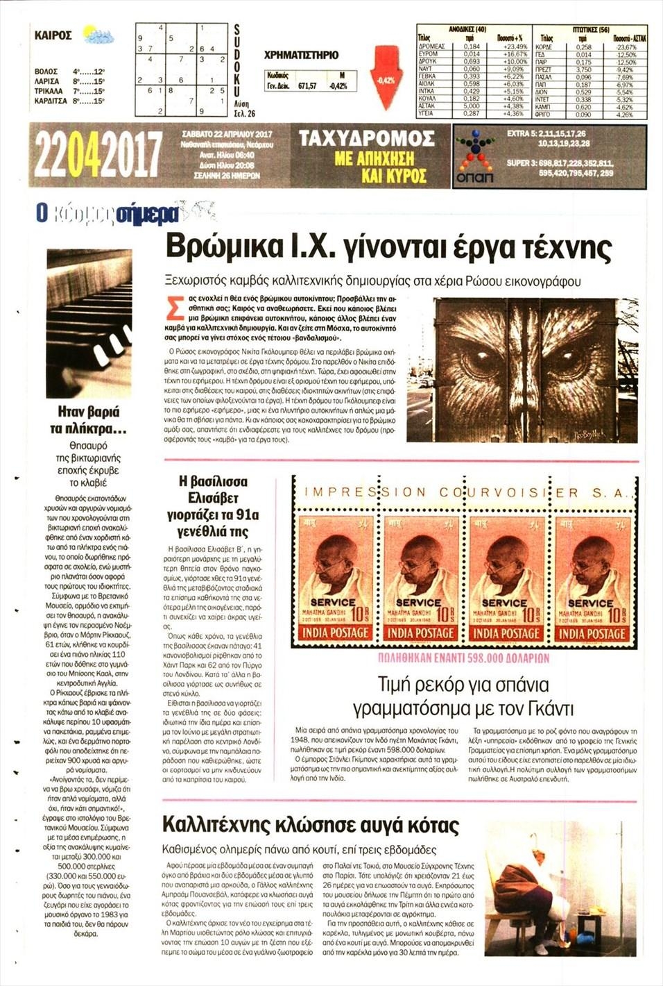 Οπισθόφυλλο εφημερίδας Ταχυδρόμος