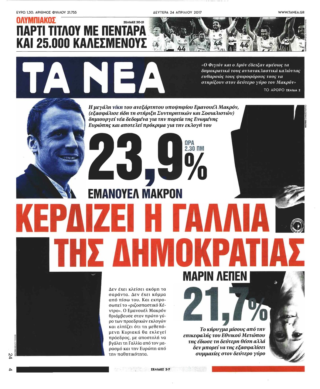 Πρωτοσέλιδο εφημερίδας Τα Νέα