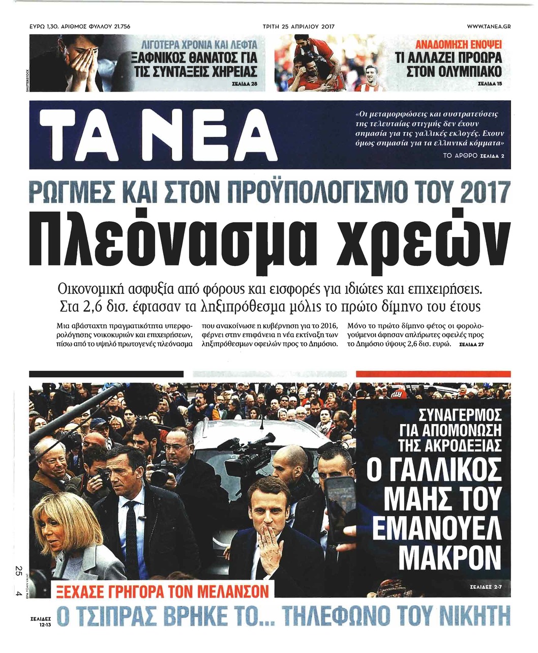 Πρωτοσέλιδο εφημερίδας Τα Νέα