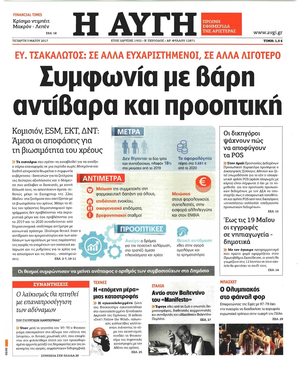 Πρωτοσέλιδο εφημερίδας Αυγή