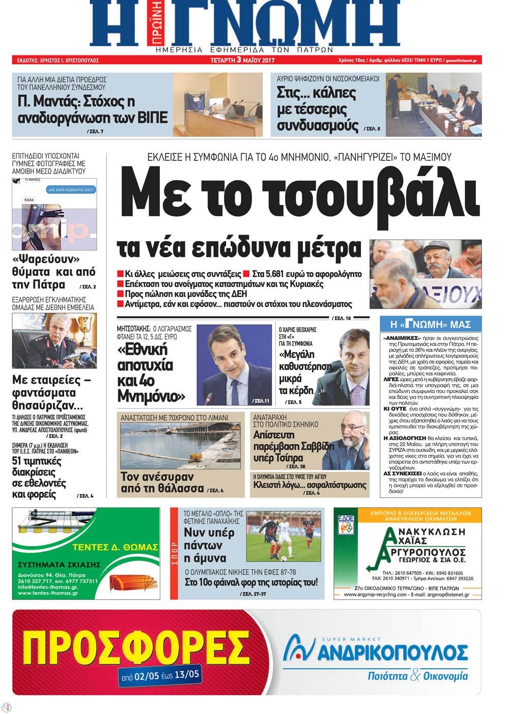 Πρωτοσέλιδο εφημερίδας Γνώμη της Πάτρας