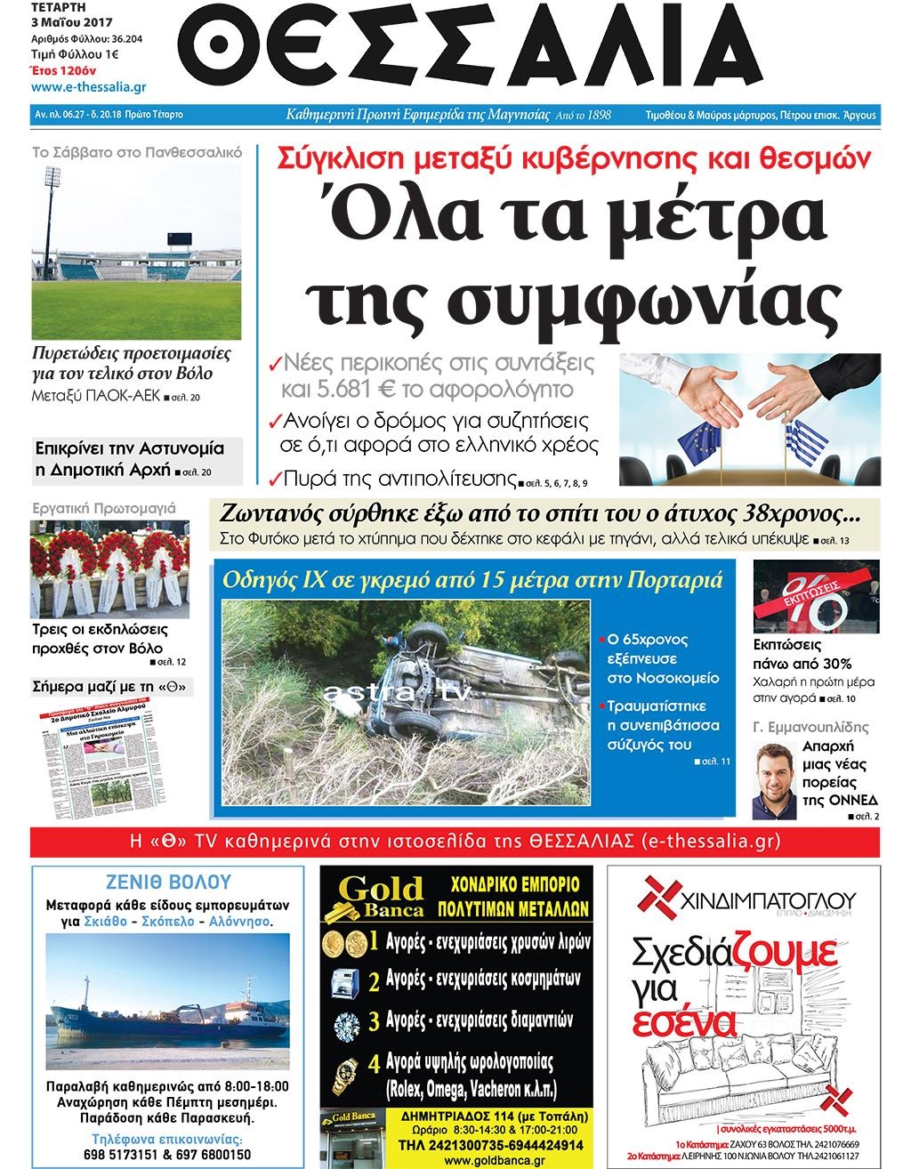 Πρωτοσέλιδο εφημερίδας Θεσσαλία