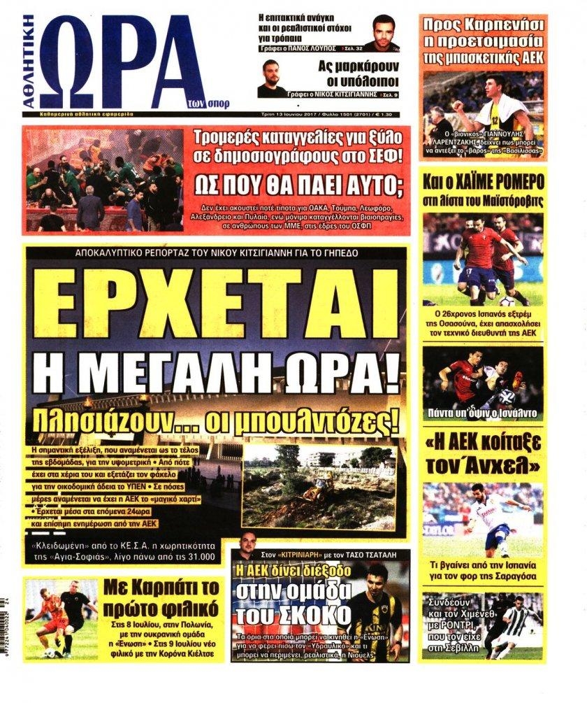 Πρωτοσέλιδο εφημερίδας Η ώρα των Σπορ