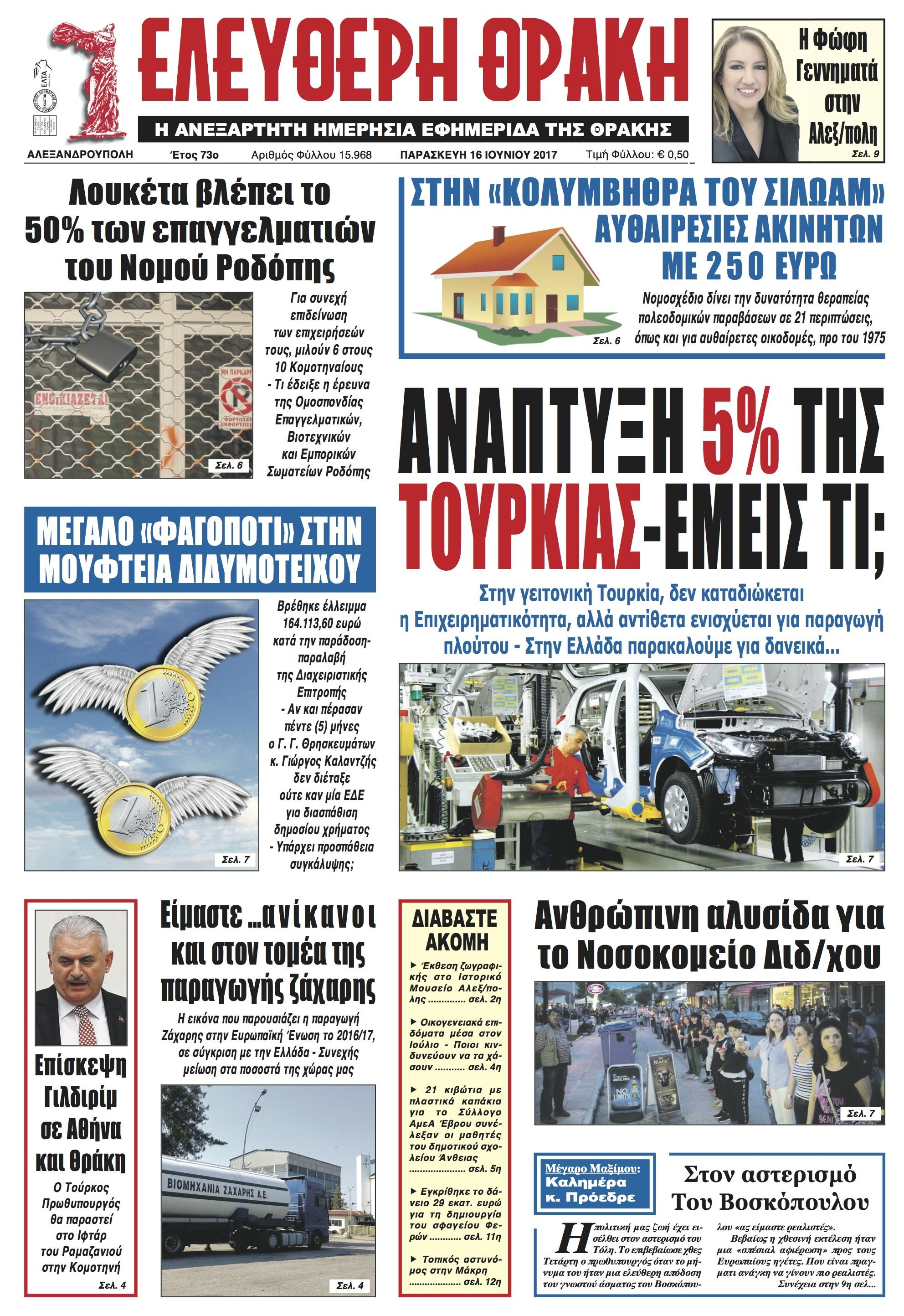 Πρωτοσέλιδο εφημερίδας Ελεύθερη Θράκη