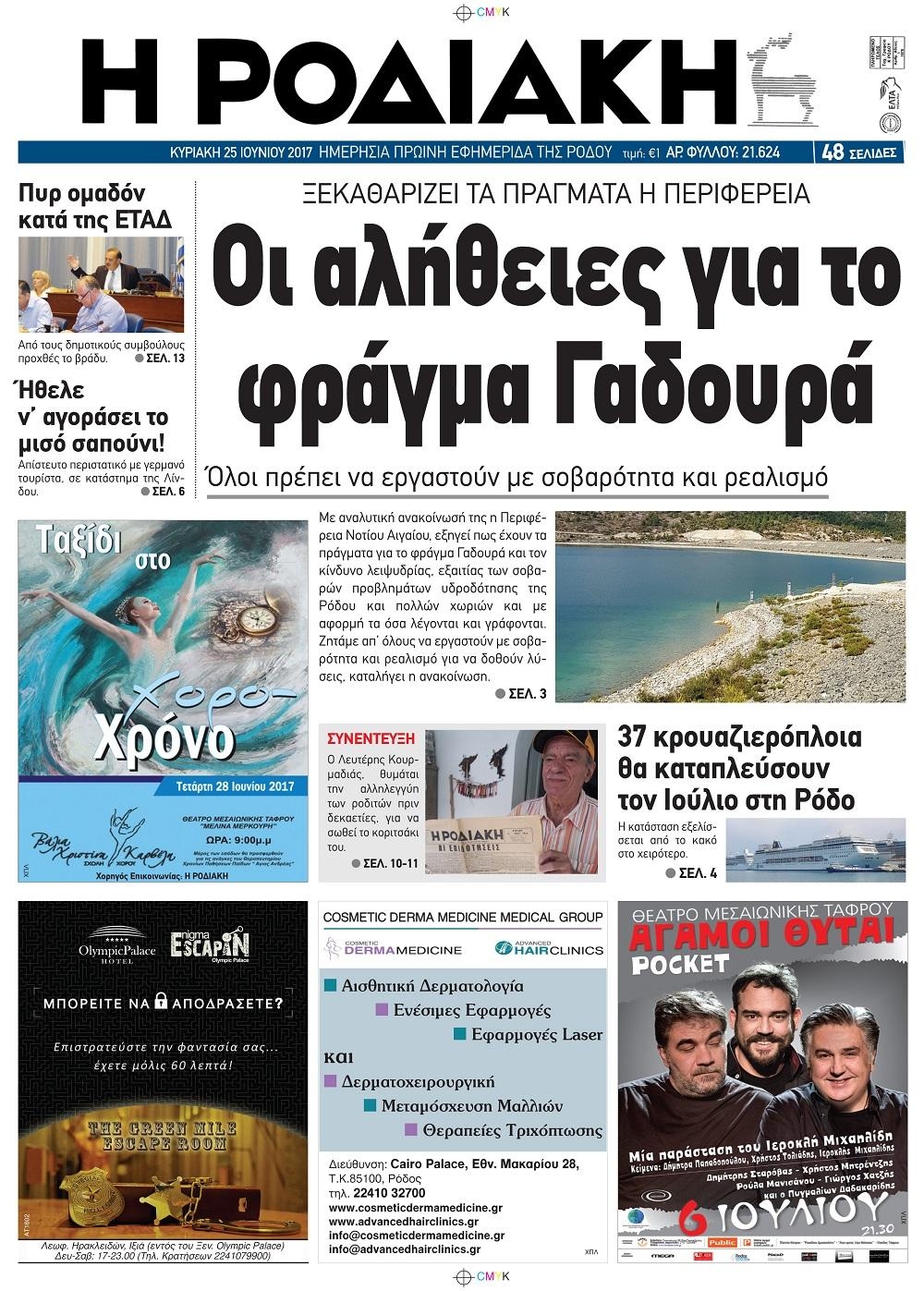 Πρωτοσέλιδο εφημερίδας Ροδιακή