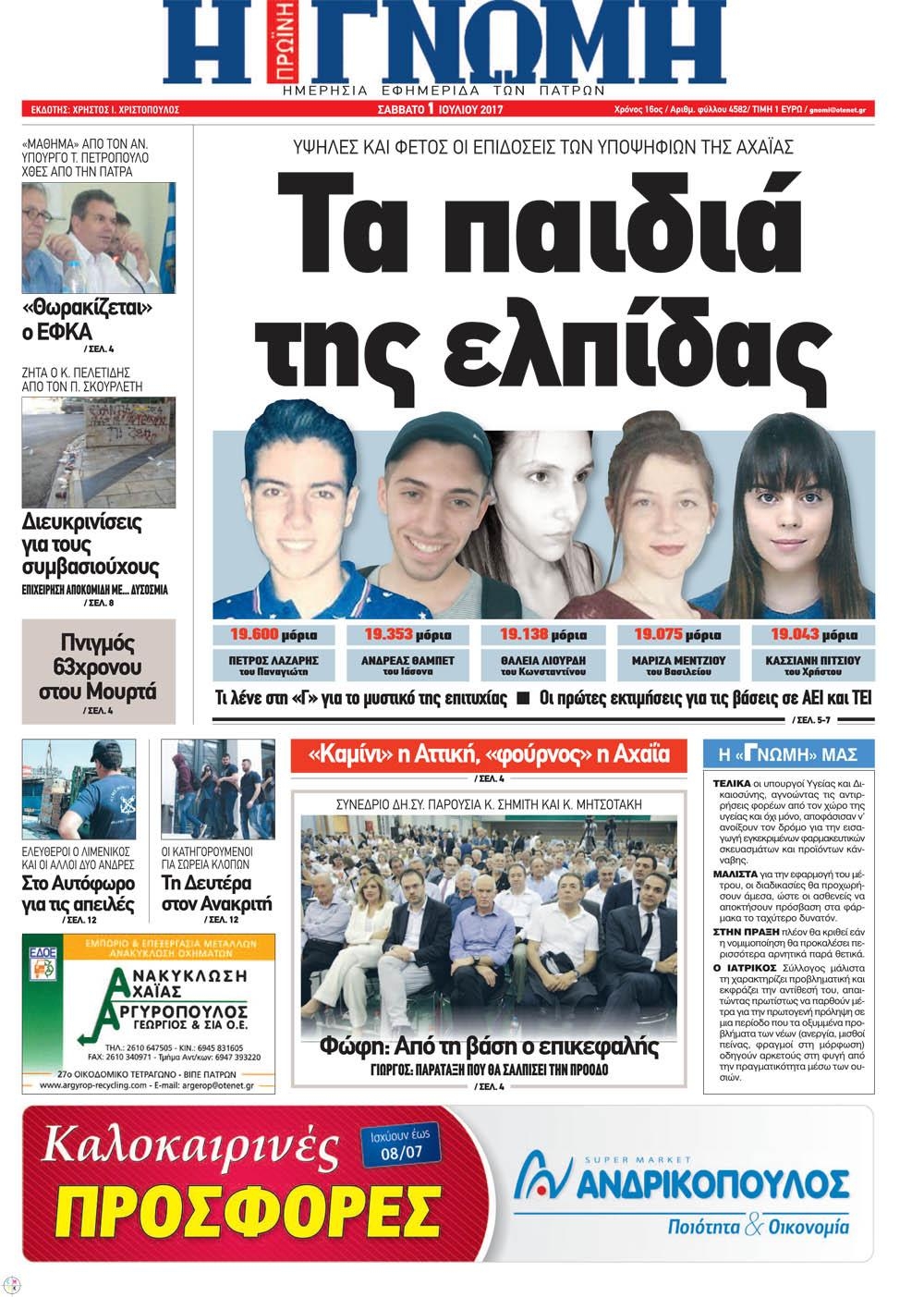 Πρωτοσέλιδο εφημερίδας Γνώμη της Πάτρας