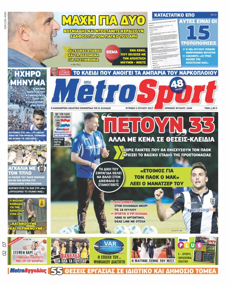 Πρωτοσέλιδο εφημερίδας Metrosport