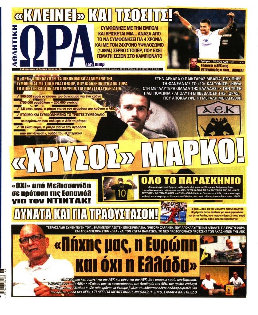 Πρωτοσέλιδο εφημερίδας Η ώρα των Σπορ
