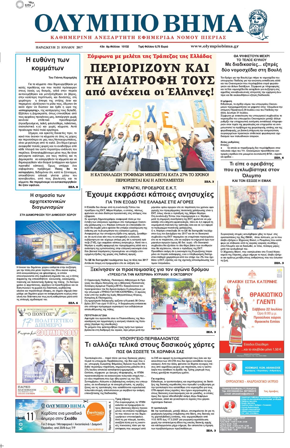 Πρωτοσέλιδο εφημερίδας Ολύμπιο Βήμα