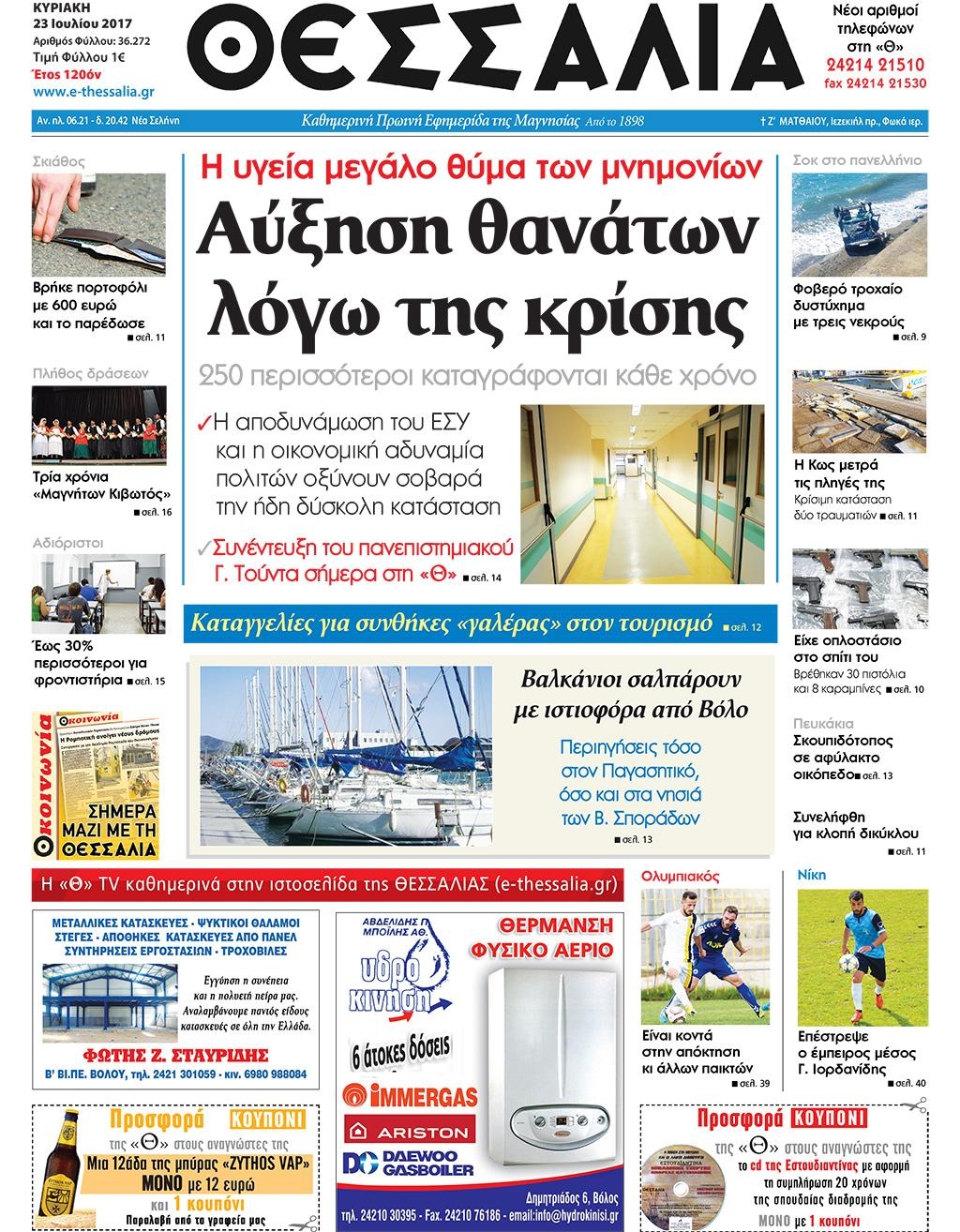 Πρωτοσέλιδο εφημερίδας Θεσσαλία