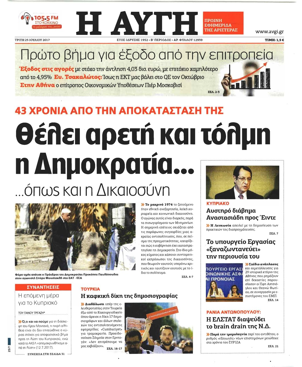 Πρωτοσέλιδο εφημερίδας Αυγή