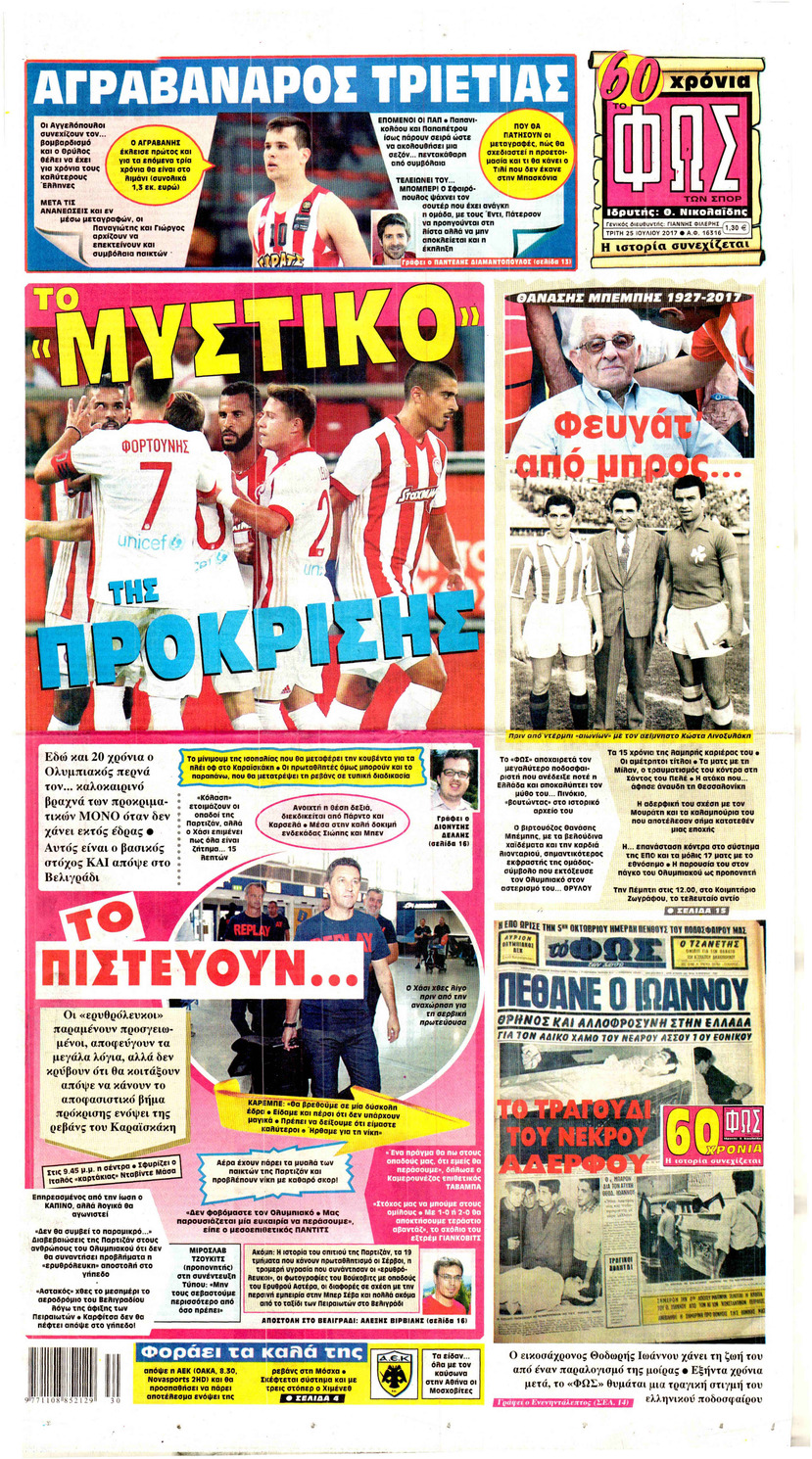 Πρωτοσέλιδο εφημερίδας Φως των σπορ