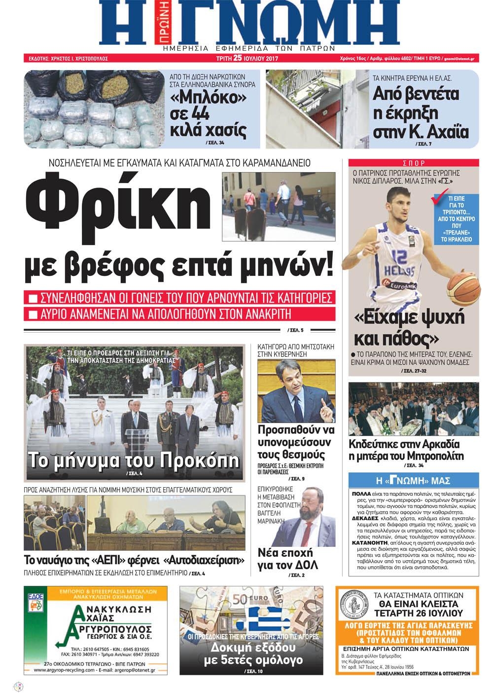 Πρωτοσέλιδο εφημερίδας Γνώμη της Πάτρας