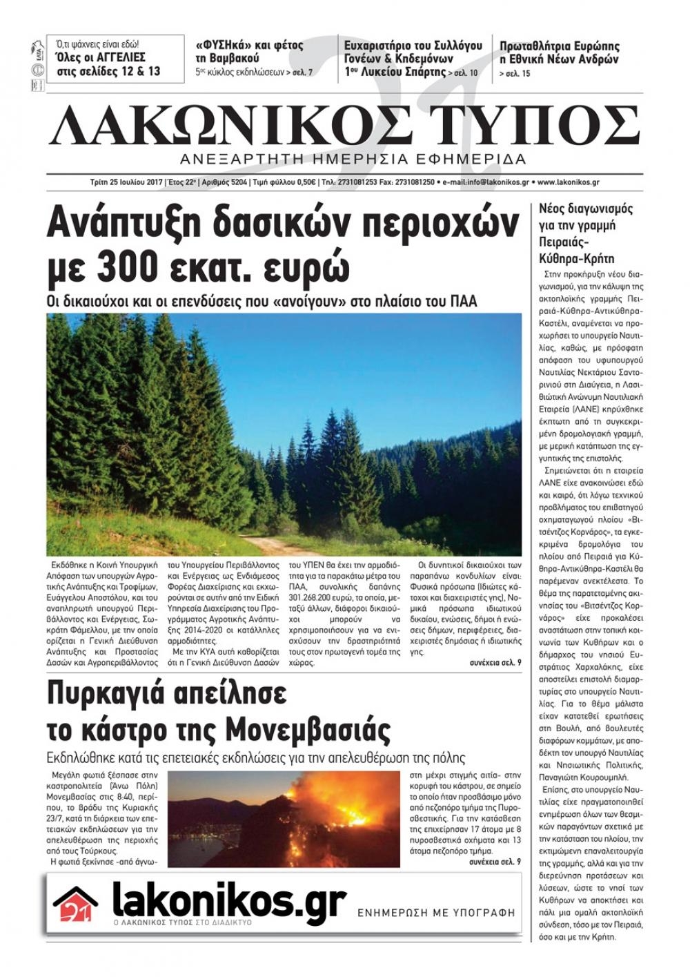 Πρωτοσέλιδο εφημερίδας Λακωνικός Τύπος