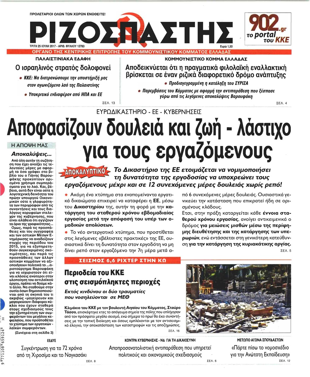 Πρωτοσέλιδο εφημερίδας Ριζοσπάστης