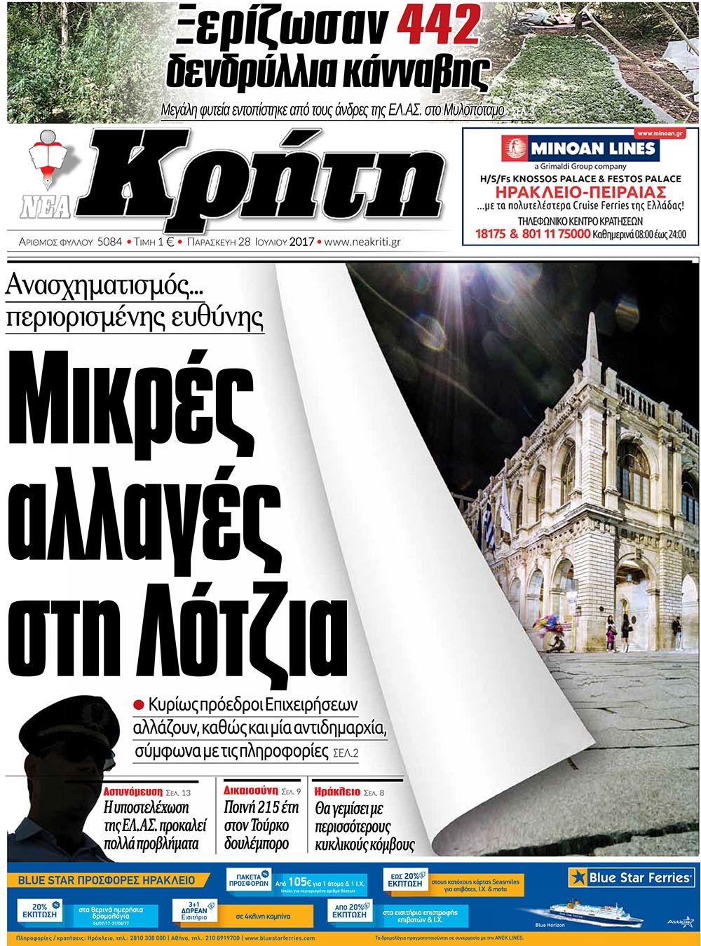 Πρωτοσέλιδο εφημερίδας Νέα Κρήτη