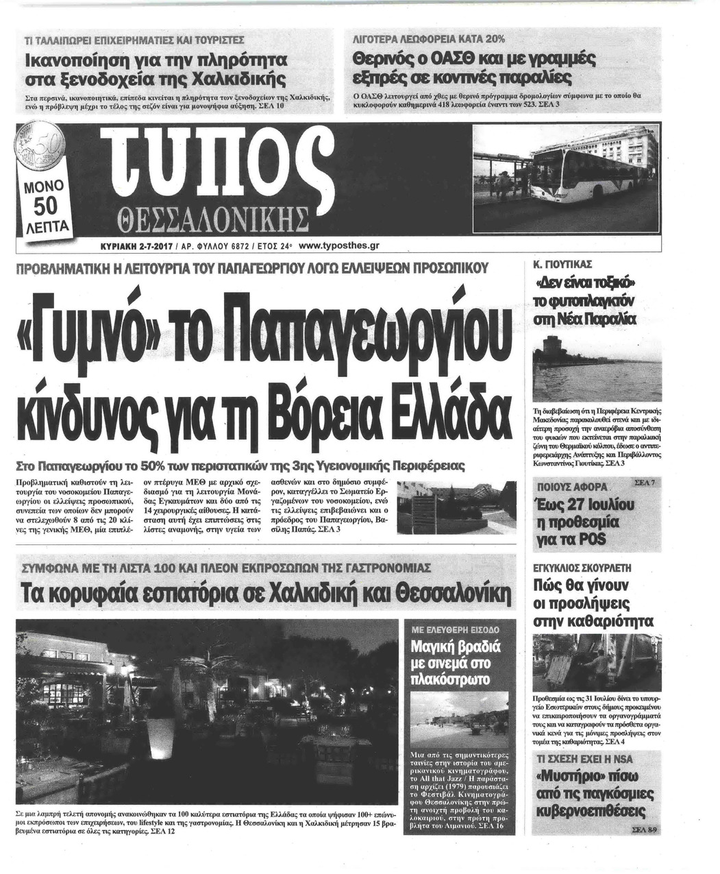 Πρωτοσέλιδο εφημερίδας Τύπος Θεσσαλονίκης