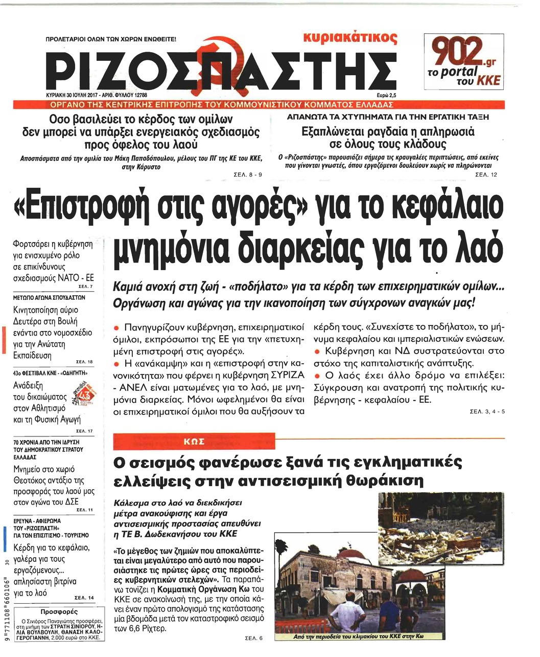 Πρωτοσέλιδο εφημερίδας Ριζοσπάστης