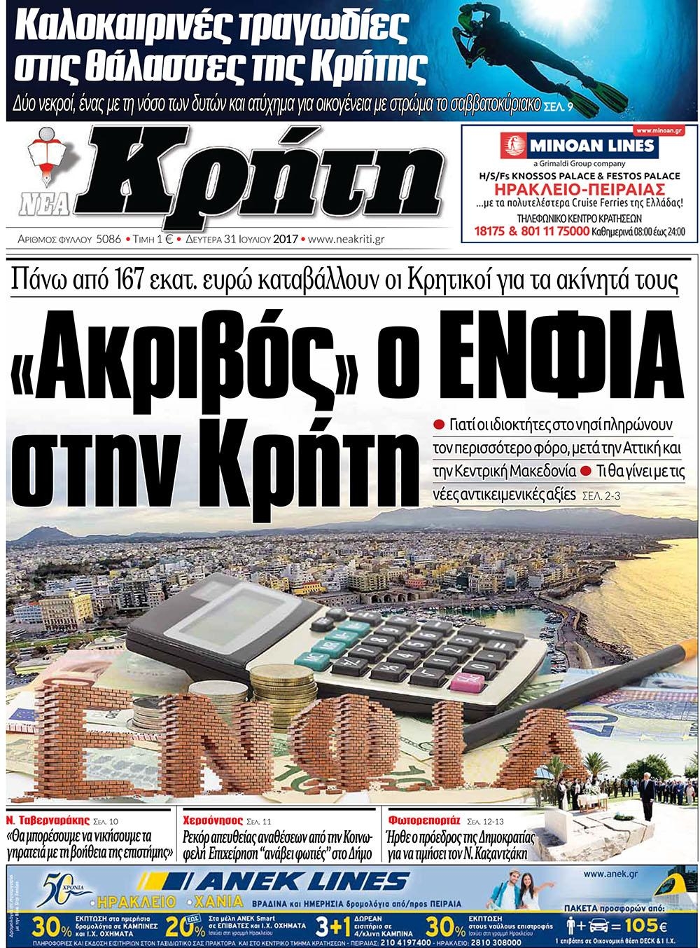 Πρωτοσέλιδο εφημερίδας Νέα Κρήτη