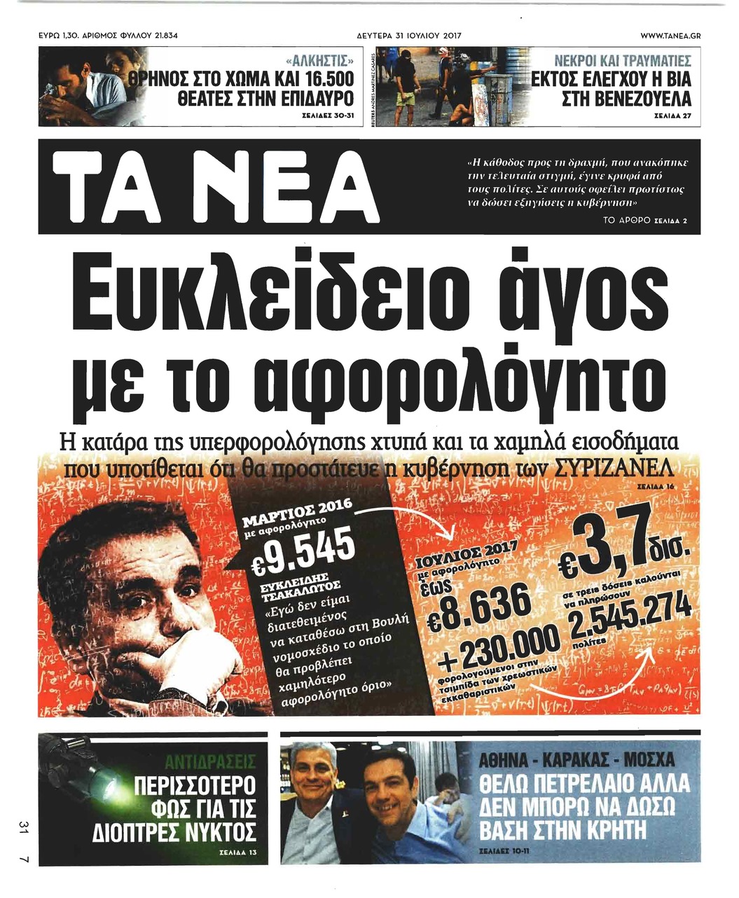 Πρωτοσέλιδο εφημερίδας Τα Νέα