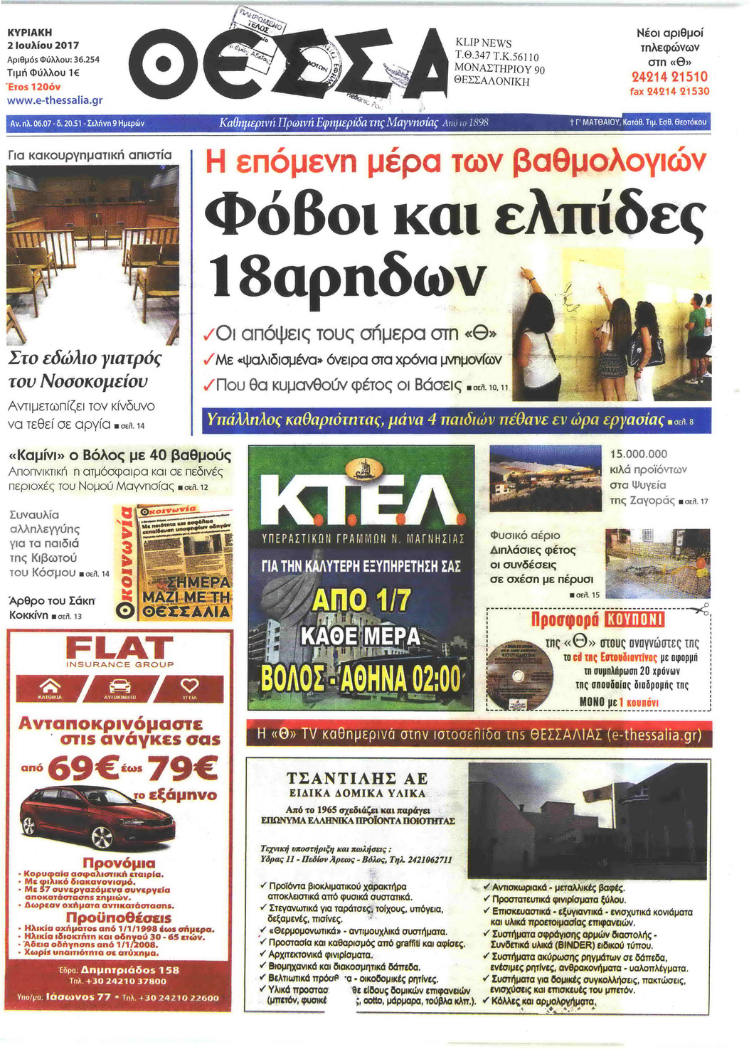 Πρωτοσέλιδο εφημερίδας Θεσσαλία