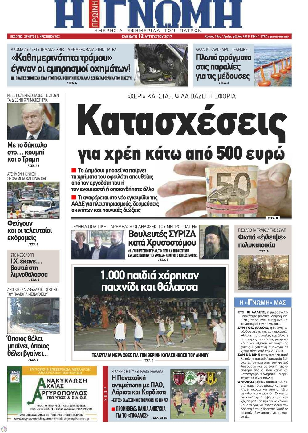 Πρωτοσέλιδο εφημερίδας Γνώμη της Πάτρας