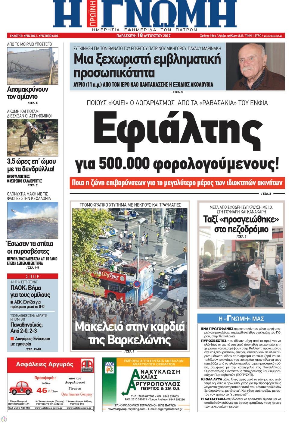 Πρωτοσέλιδο εφημερίδας Γνώμη της Πάτρας