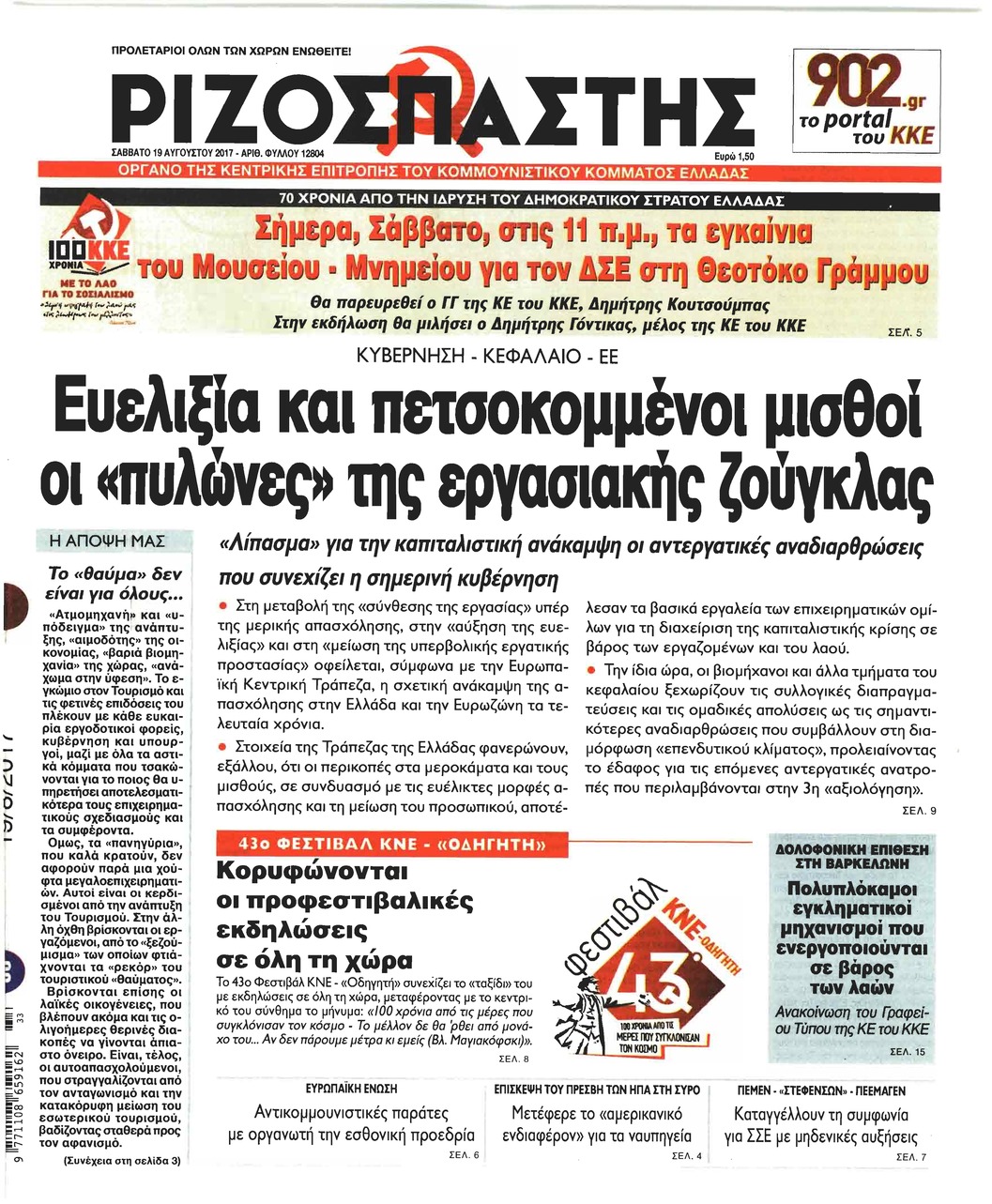 Πρωτοσέλιδο εφημερίδας Ριζοσπάστης