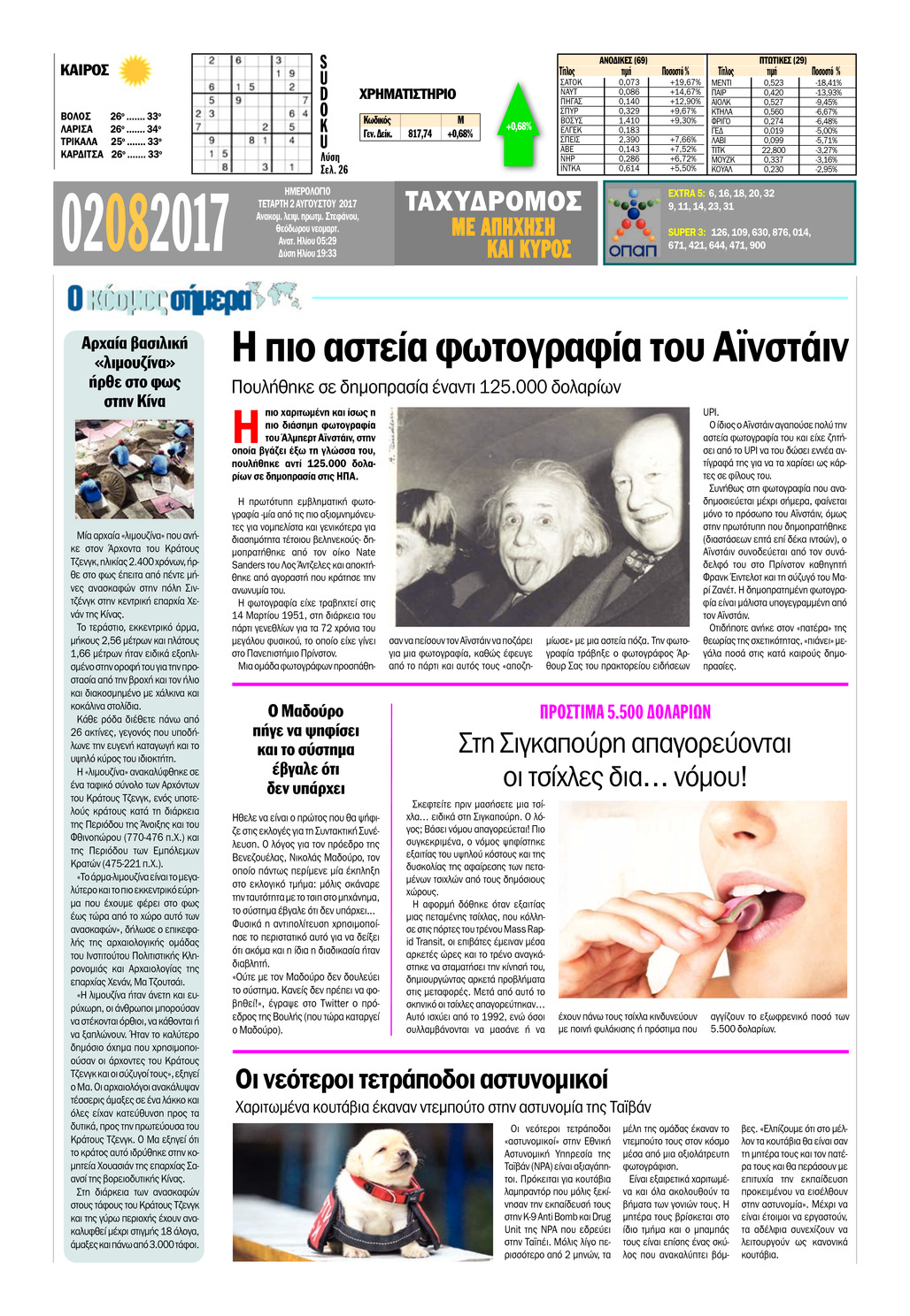 Οπισθόφυλλο εφημερίδας Ταχυδρόμος