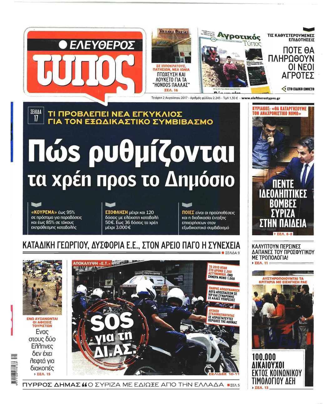 Πρωτοσέλιδο εφημερίδας Ελεύθερος Τύπος