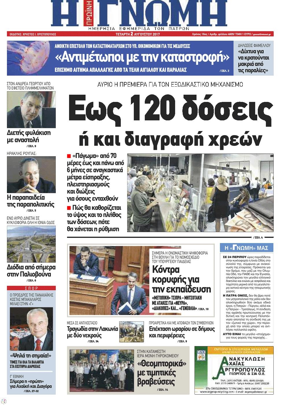 Πρωτοσέλιδο εφημερίδας Γνώμη της Πάτρας