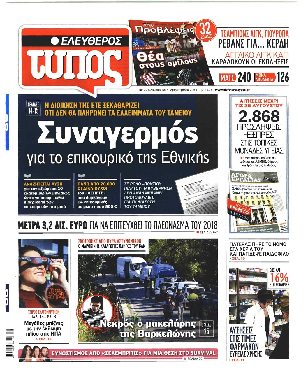 Πρωτοσέλιδο εφημερίδας Ελεύθερος Τύπος