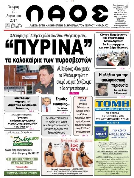 Πρωτοσέλιδο εφημερίδας Λαός Βέροιας