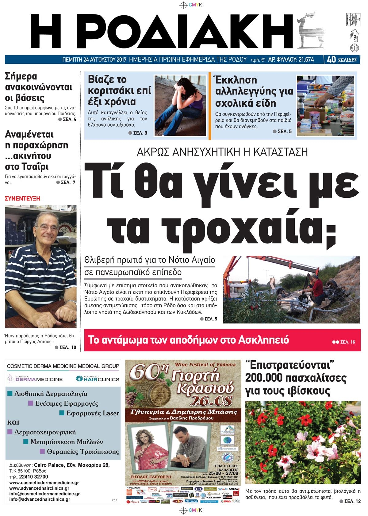 Πρωτοσέλιδο εφημερίδας Ροδιακή