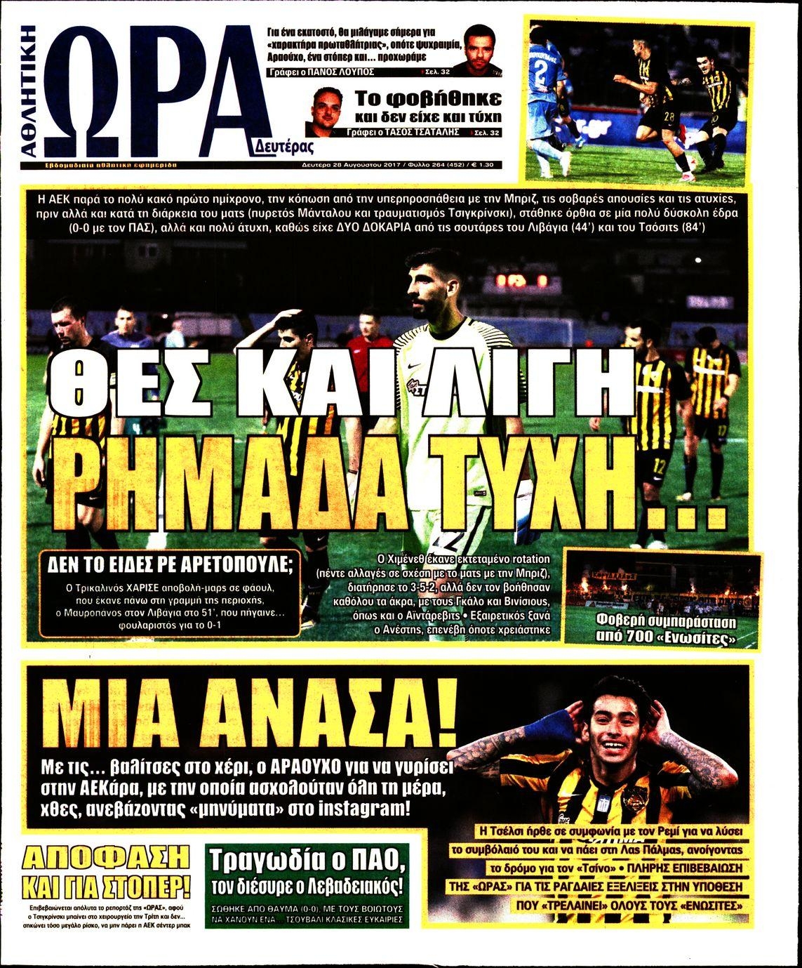 Πρωτοσέλιδο εφημερίδας Η ώρα των Σπορ