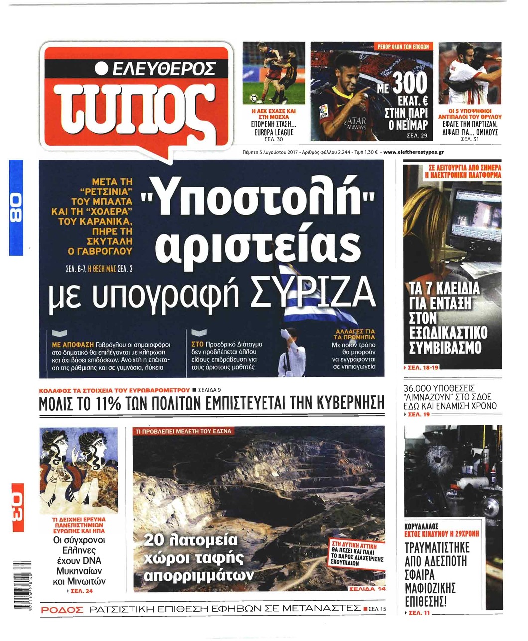 Πρωτοσέλιδο εφημερίδας Ελεύθερος Τύπος