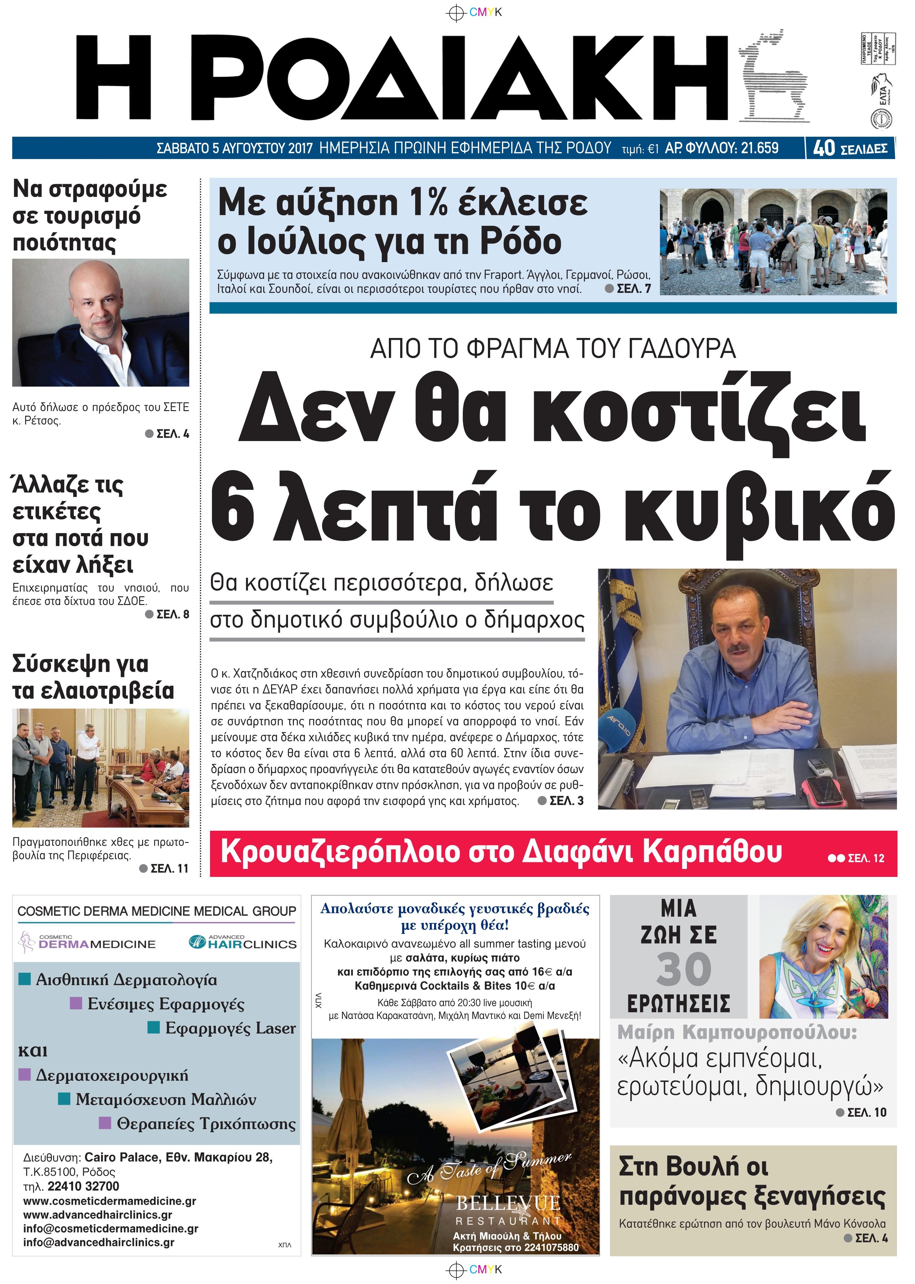 Πρωτοσέλιδο εφημερίδας Ροδιακή